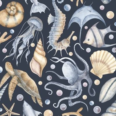 Морские животные на темном фоне. Акварельный морской принт