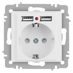 Розетка Intro Accent 6-410-01М с заземлением 2P+E Schuko со шторками 16А-250В + 2хUSB IP20 СУ белый матовый