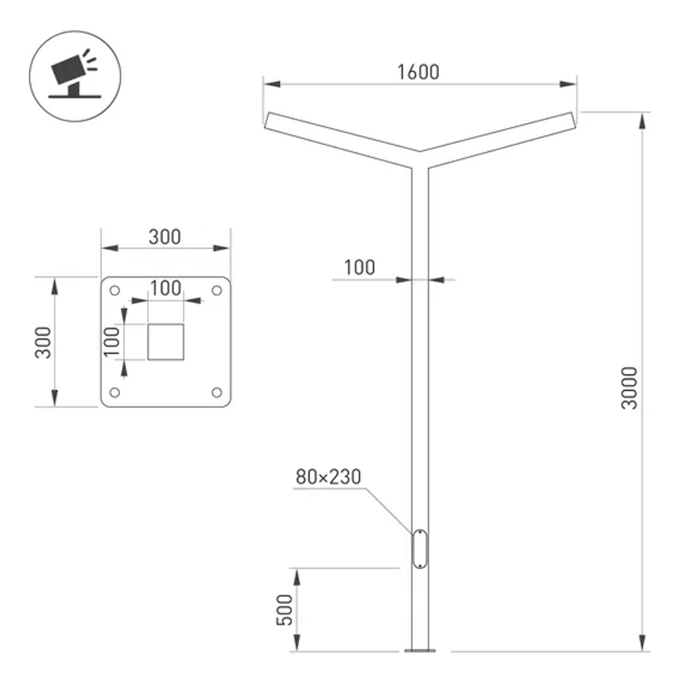 Опора OXOR-STER-Y-2000x100x100-L3000-50W Warm3000 (BK, 230V) IP65 (Arlight, -) 051418