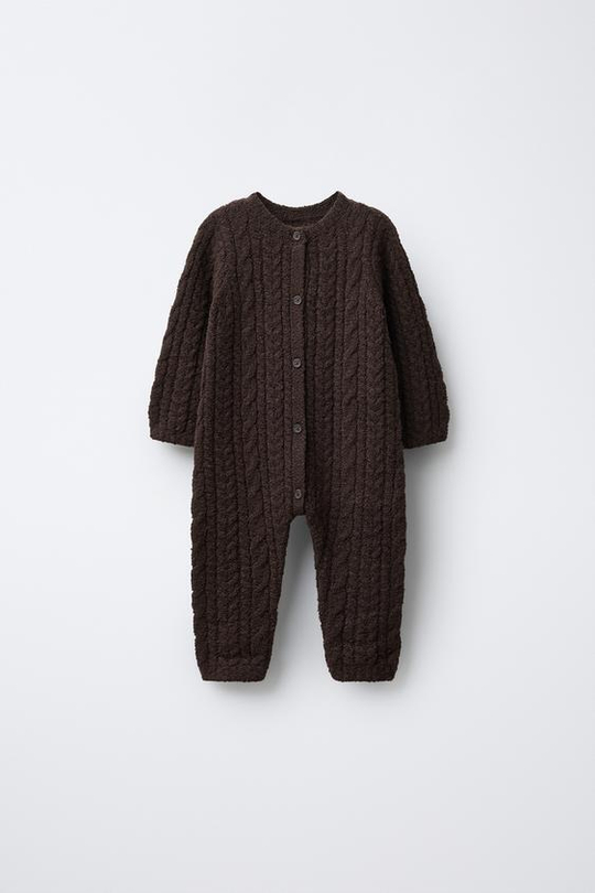 ZARA ВЯЗАНЫЙ КОМБИНЕЗОН С УЗОРОМ «КОСЫ», ТЕМНО-КОРИЧНЕВЫЙ