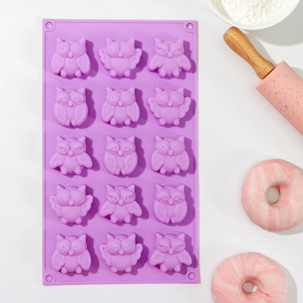 Форма силиконовая «Совушки», 29х17 см, 15 ячеек, цвет МИКС