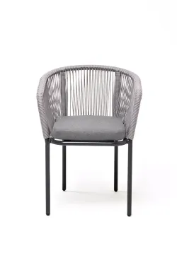 "Марсель" стул плетеный из роупа, каркас алюминий темно-серый (RAL7024) муар, роуп светло-серый круглый, ткань светло-серая