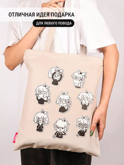 Сумка шоппер бежевая на молнии с карманом с принтом