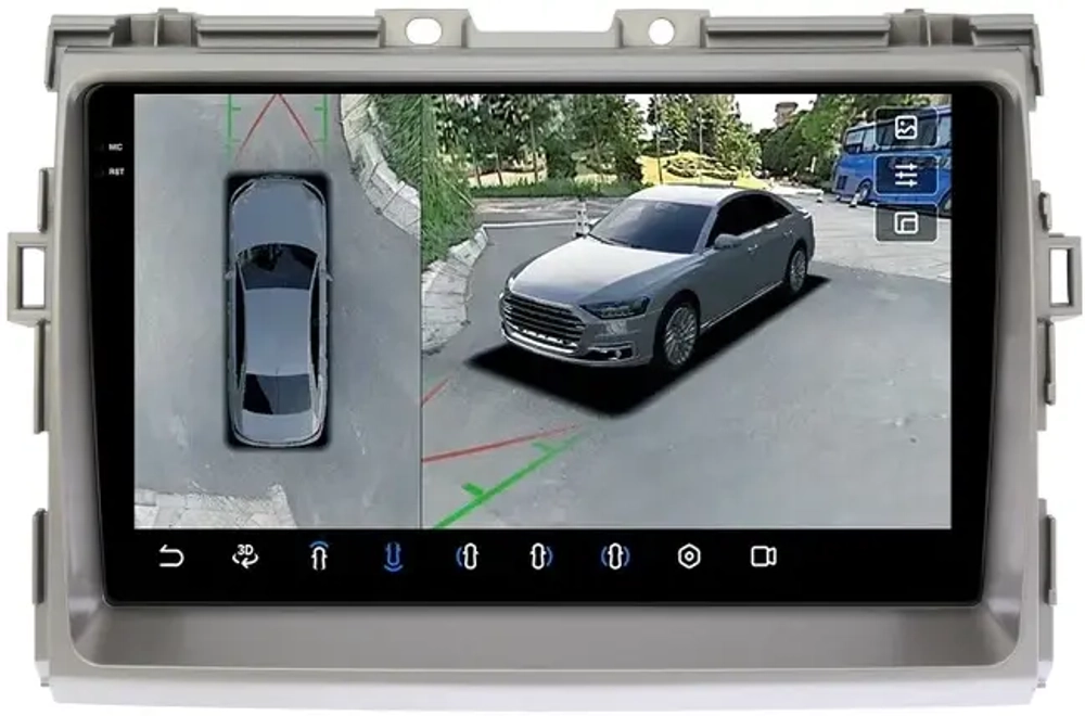 Магнитола для Toyota Estima 3 2006-2016 (без 360, рамка серая 9) - FarCar BX9-360-9574-9 монитор 9.5" 2K QLED на Android 13, 6Гб+128Гб, CarPlay, 4G SIM-слот, 4 камеры в комплекте