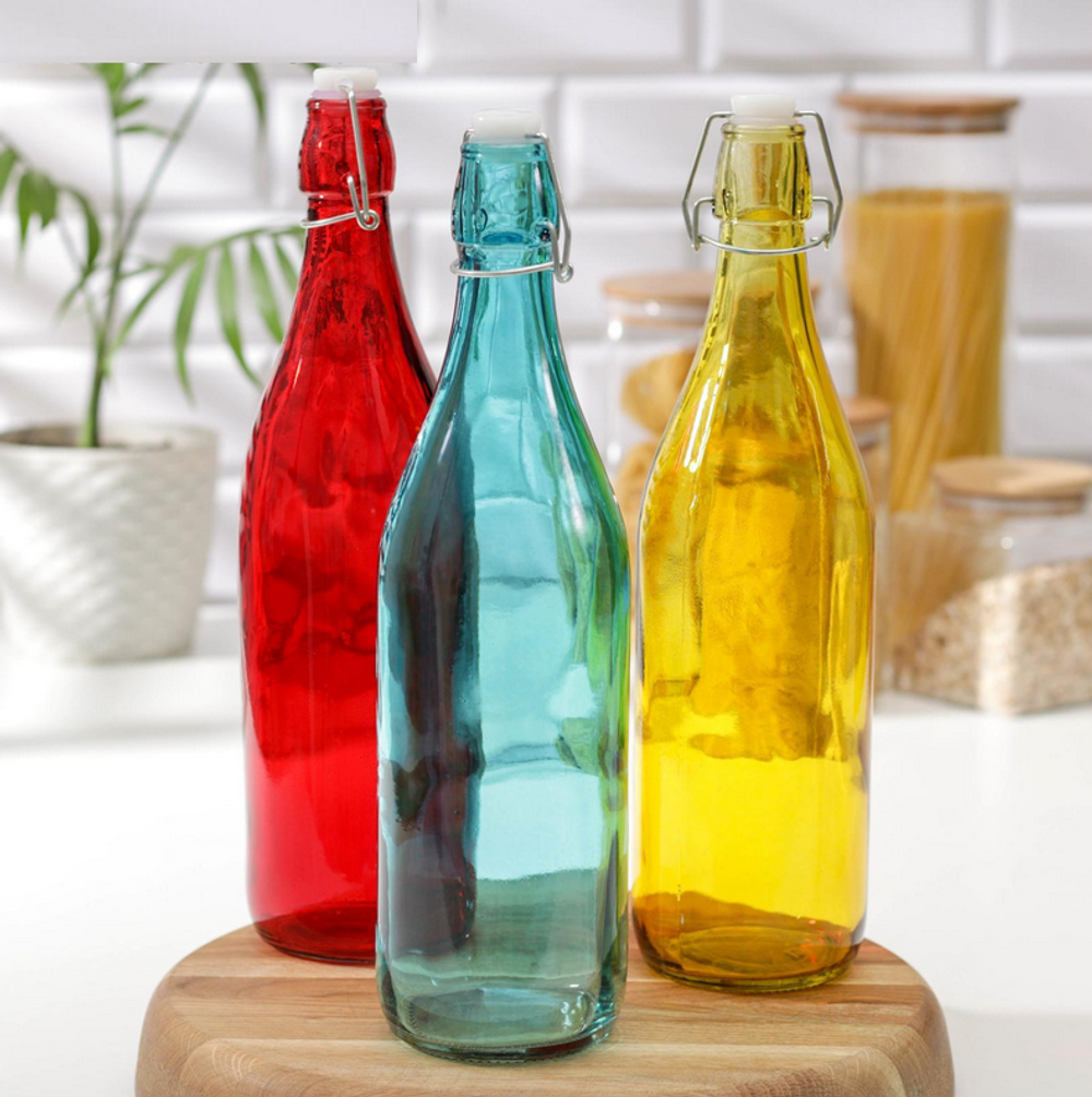 Бутылка стеклянная для соусов и масла с бугельным замком «Галерея», 1,11 л, 9×32 см цвет МИКС