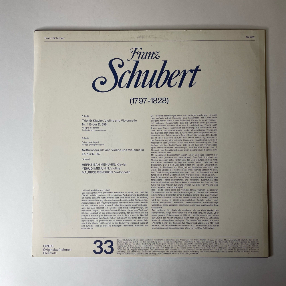 Винтажная виниловая пластинка LP Franz Schubert Шуберт, Hephzibah Menuhin, Yehudi Menuhin Иегуди Менухин, Maurice Gendron Klaviertrio Nr.1 B-dur D.898 (Германия 1971)