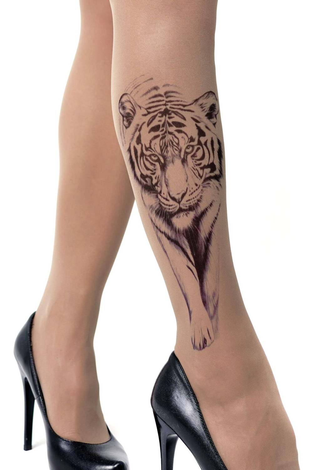 Колготки +size с принтом-тату в виде крадущегося тигра (Размер: XL-XXL-XXXL) (Цвет: бежевый)