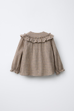 ZARA БЛУЗКА В КЛЕТКУ С ВОЛАНАМИ, РЫЖЕВАТО-КОРИЧНЕВЫЙ