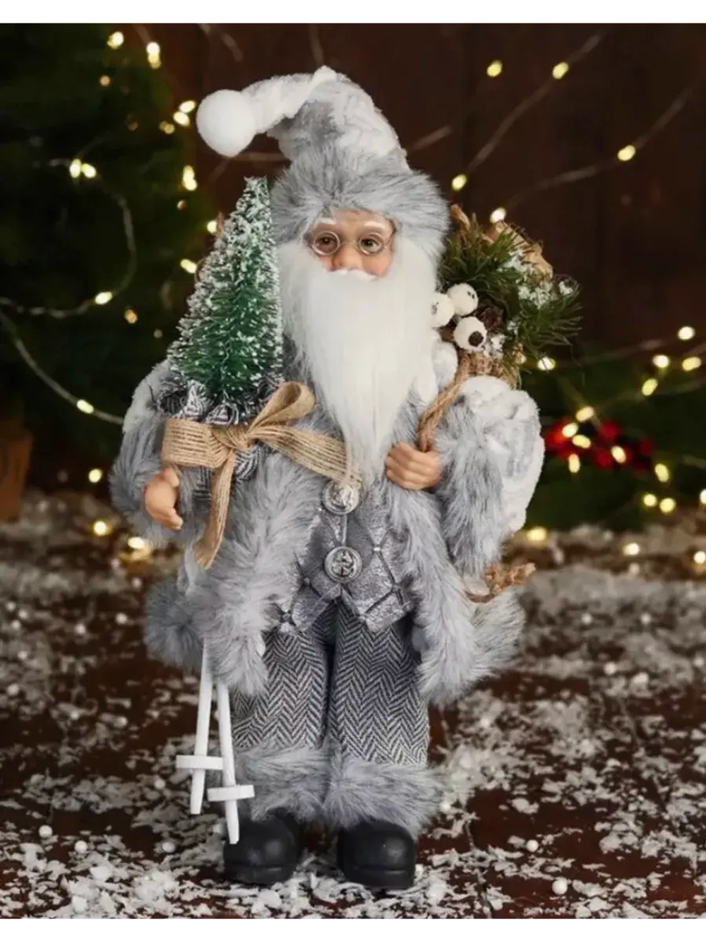Дед Мороз в клетчатом жилете с ёлкой, 30 см, серый