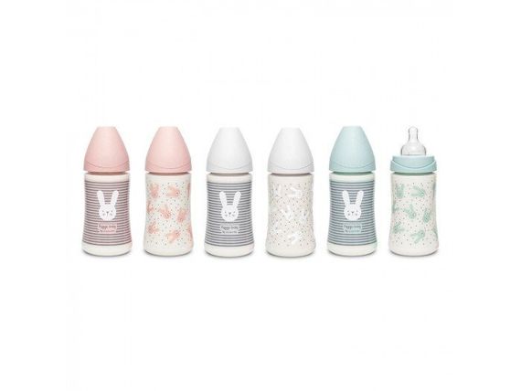 Бутылочка Suavinex Hugge Baby с круглой силиконовой соской, 3 позиции, 270 мл Зеленая