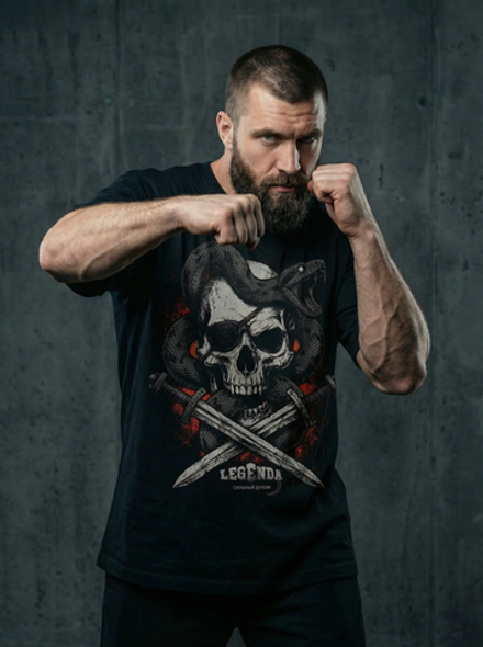 Футболка оверсайз хлопковая черная LEGENDA Весёлый Роджер (красный фон)