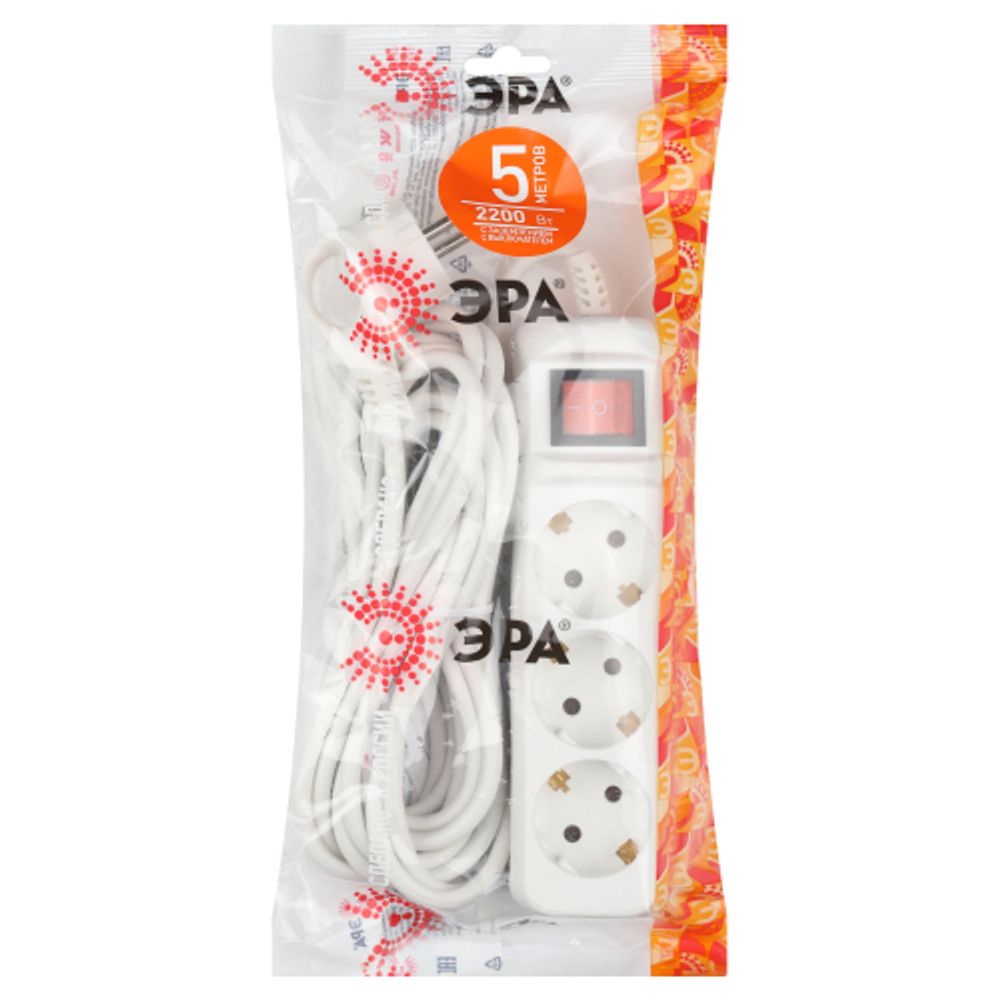 Удлинитель электрический ЭРА UX-3es-5m с заземлением с выключателем 3 розетки 5м ПВС 3x0,75мм2 10А