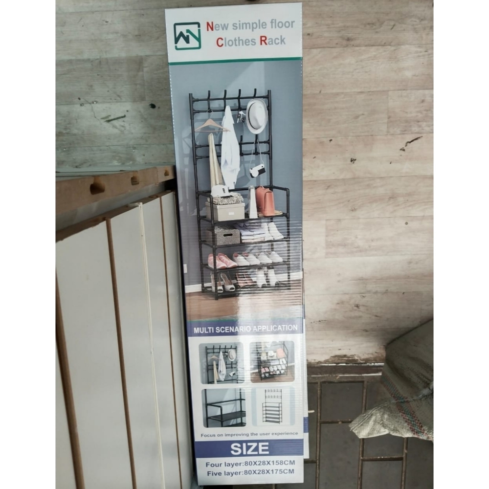 Напольная вешалка для обуви и одежды с полками и крючками 2в1 "New simple floor Clothes Rack" 4яруса- 80х28х158 / 5ярусов- 80х28х175см