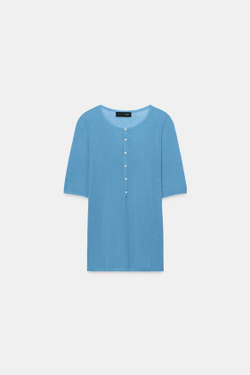 ZARA ТРИКОТАЖНЫЙ ТОП С ПУГОВИЦАМИ, ГОЛУБОЙ