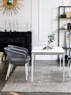 "Малага" обеденная группа на 4 персоны со стульями "Марсель", каркас белый, роуп светло-серый