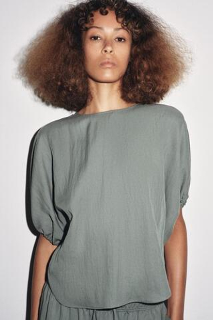 ZARA БЛУЗА С ОБЪЕМНЫМИ РУКАВАМИ — ZW COLLECTION, СЕРО-СИНИЙ