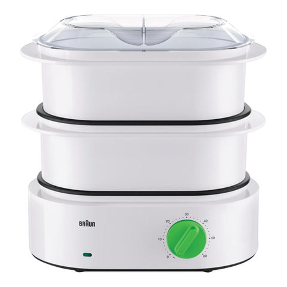 Пароварка BRAUN FS3000, 850 Вт, 2 чаши по 3,1 л, контейнер для риса, механическое управление, таймер, белая