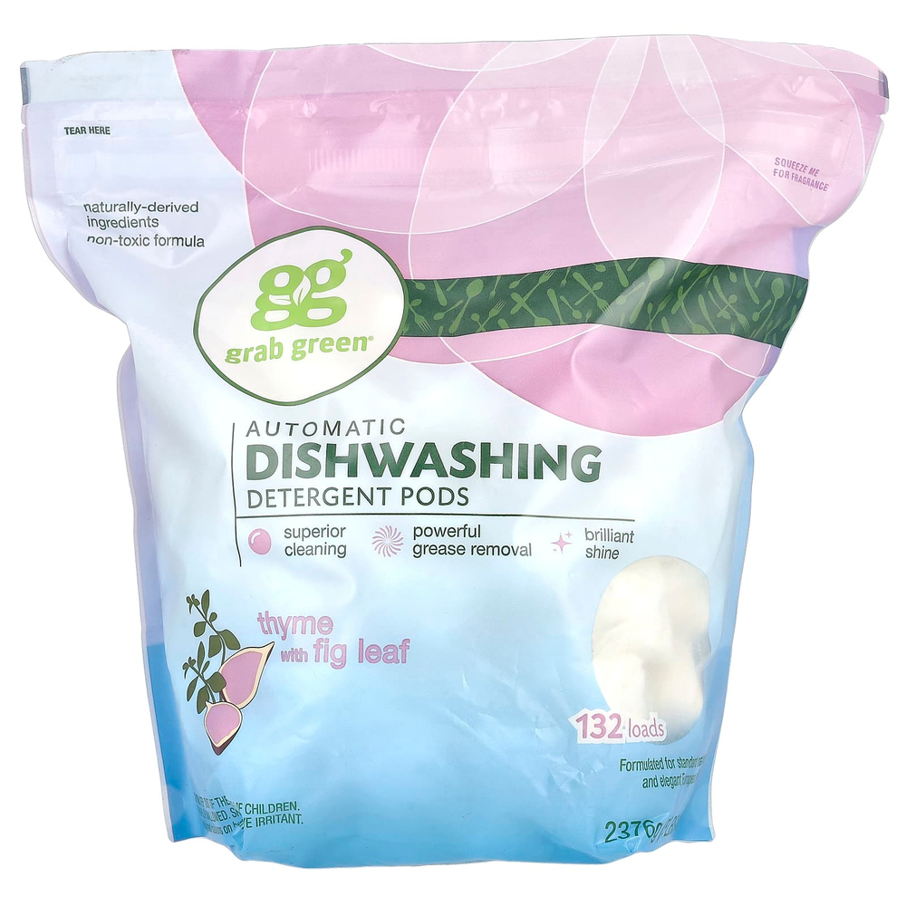 Grab Green, Капсулы со средством для автоматического мытья посуды, чабрец с листиками инжира, 132 порции, 2376 г (5 фунтов 4 унции)