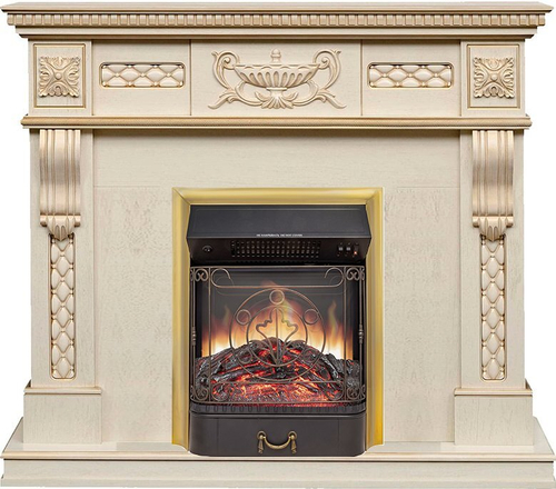 Каминокомплект Corsica - Слоновая кость с патиной (Ширина 1100) с очагом Majestic FX M Brass