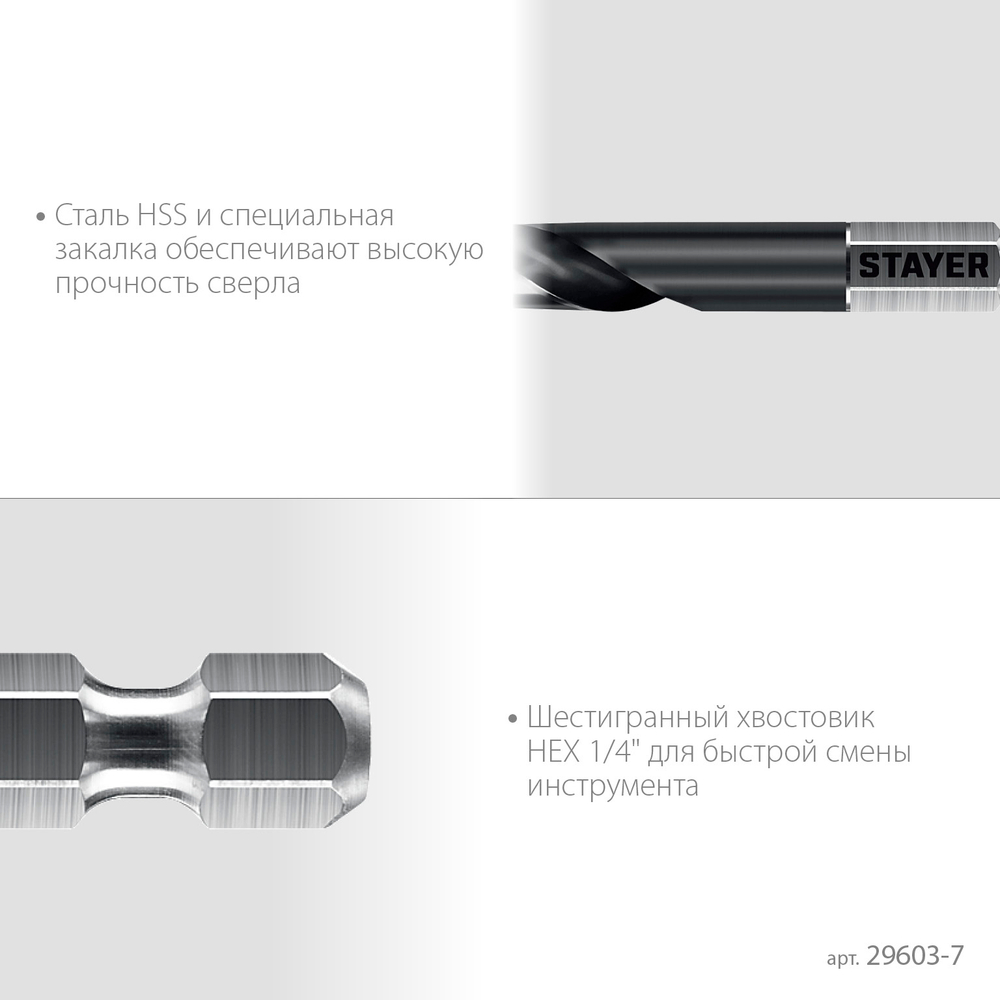 STAYER НЕХ-1/4″, d 7.0 х 109 мм, сверло по металлу для винтовёртов и шуруповертов IMPACT READY (29603-7)