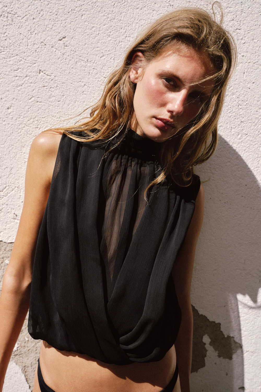 ZARA ДРАПИРОВАННЫЙ ТОП-БАЛЛОН, ЧЕРНЫЙ