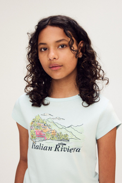H&M Футболка из хлопка с принтом, светло-бирюзовый