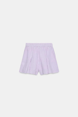 ZARA ЮБКА-ШОРТЫ В КЛЕТКУ ВИШИ С ВОЛАНАМИ, ЦВЕТ МАЛЬВЫ