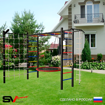 Уличная шведская стенка Sv Sport рукоход с комплектом турник прямой У5225 (Турник/Гнездо 80см/Кронш бокс/Канат/кольца/лестница/Сетка)