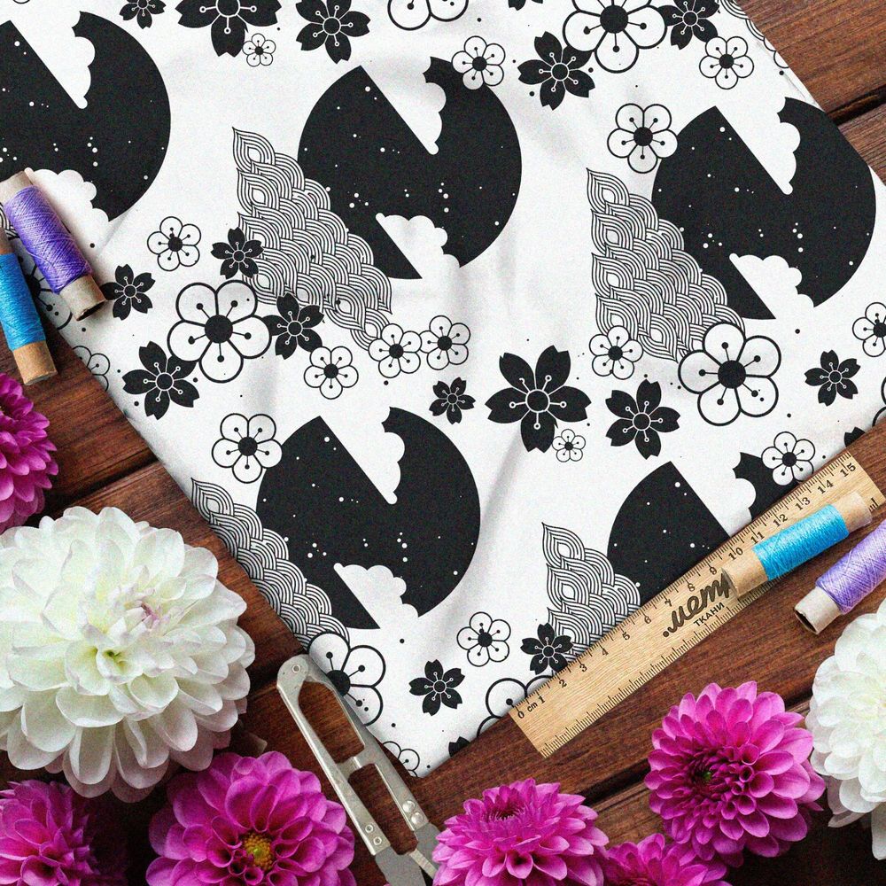 Ткань габардин чёрно-белые японские декорации