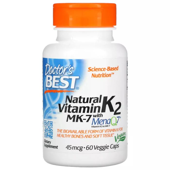 Натуральный витамин К2 MK-7 с MenaQ7 45 мкг, Natural Vitamin K2 MK-7 with MenaQ7 45 mcg, Doctor&#39;s Best, 60 вегетарианских капсул