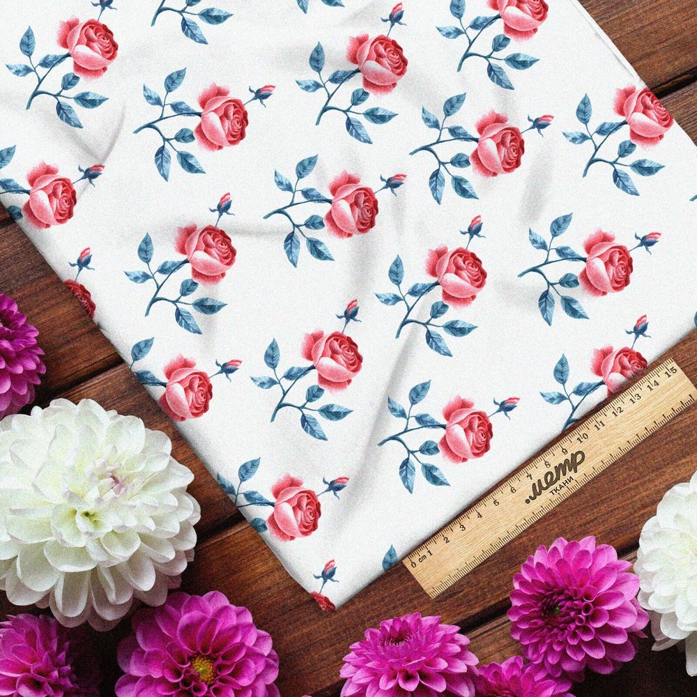 Ткань бифлекс минималистичные соцветия на белом