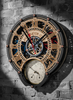 Часы WOODandROOT Automaton 1722 с барометром и термометром — металлические винты, латунные детали и индустриальный дизайн лофт