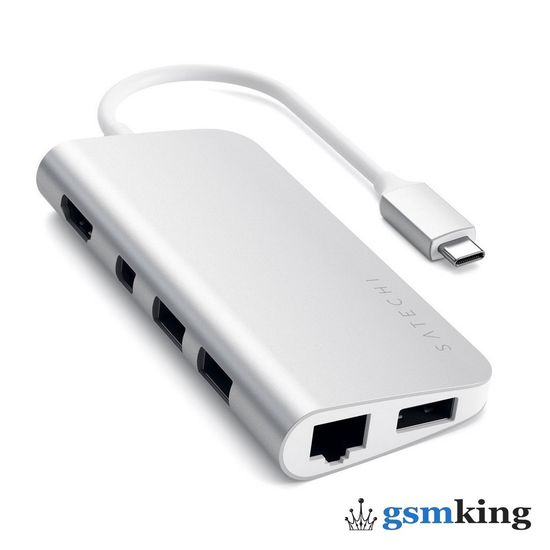 Satechi Aluminum Type-C Multimedia Adapter (Type-C to 3 x USB 3.0 ports + HDMI + Mini-DisplayPort 4K + Gigabit Ethernet + Micro SD card) Silver ST-TCMM8PAS