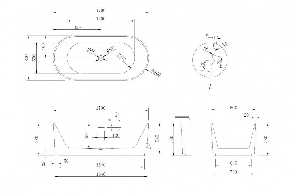 Акриловая ванна ABBER AB9436-1.7  170x80 см