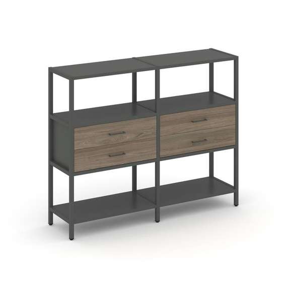 Shelf System Двухсекционный стеллаж трехярусный с ящиками SN.STM-322 Антрацит/Вяз Благородный/Металл