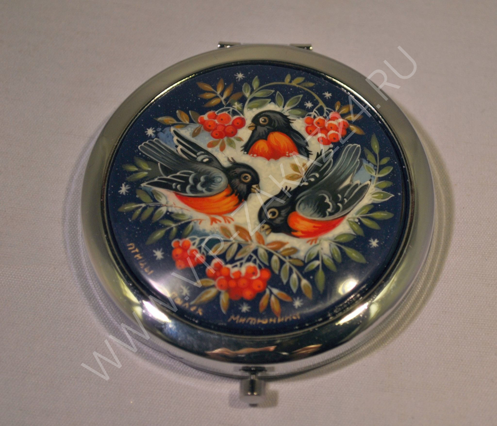 Зеркало с росписью Палех"Снегири" (худ. Митюнина)