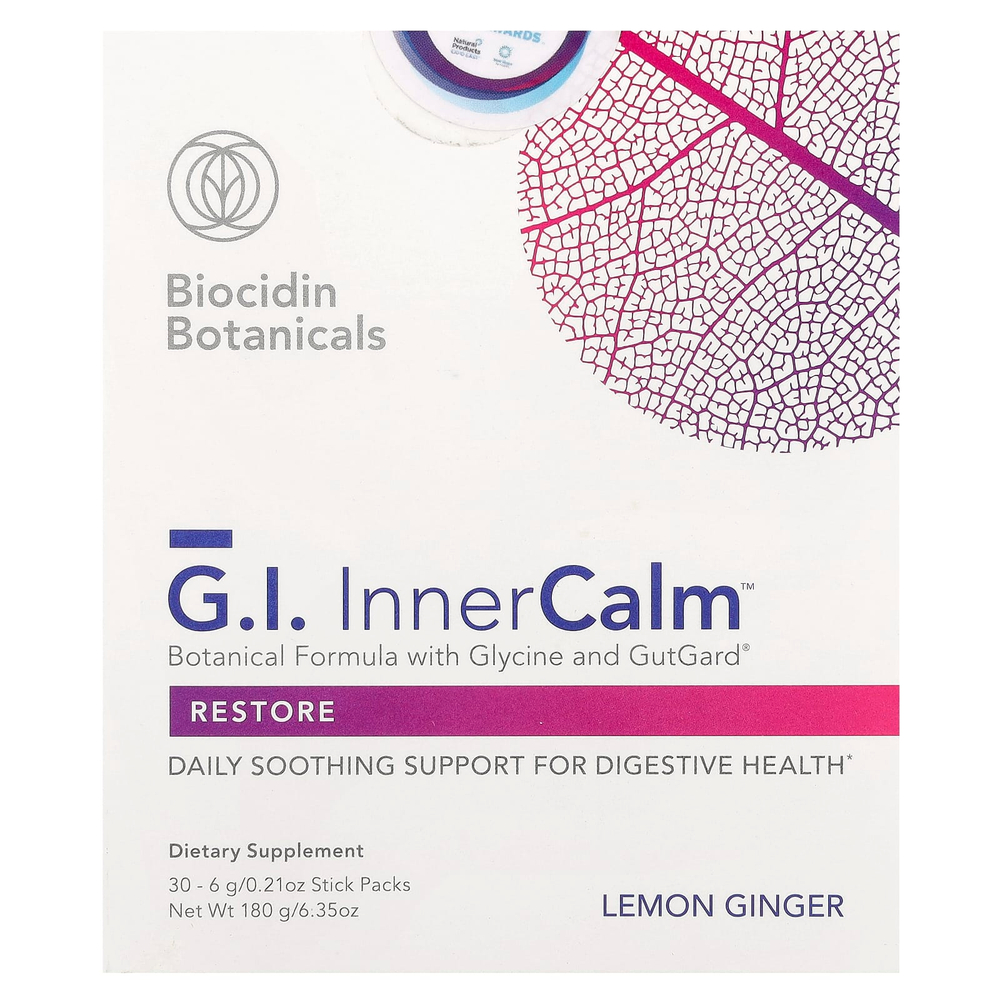 Biocidin Botanicals, G.I. Inner Calm™, лимон и имбирь, 30 стик-пакетов по 6 г (0,21 унции)