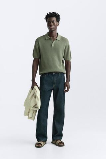 ZARA ПОЛО ИЗ ХЛОПКА И ЛЬНА, ЗЕЛЕНОВАТЫЙ