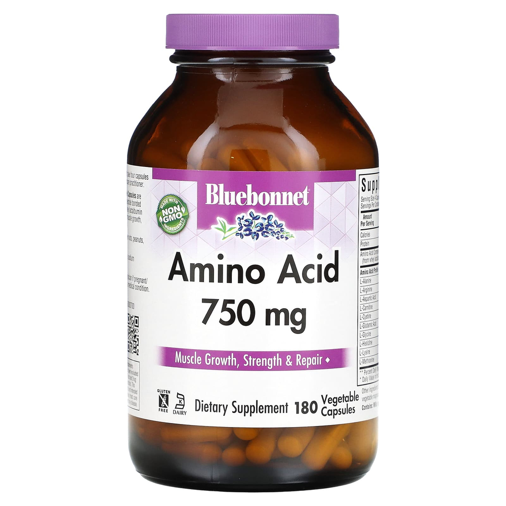 Bluebonnet Nutrition, аминокислоты, 750 мг, 180 растительных капсул