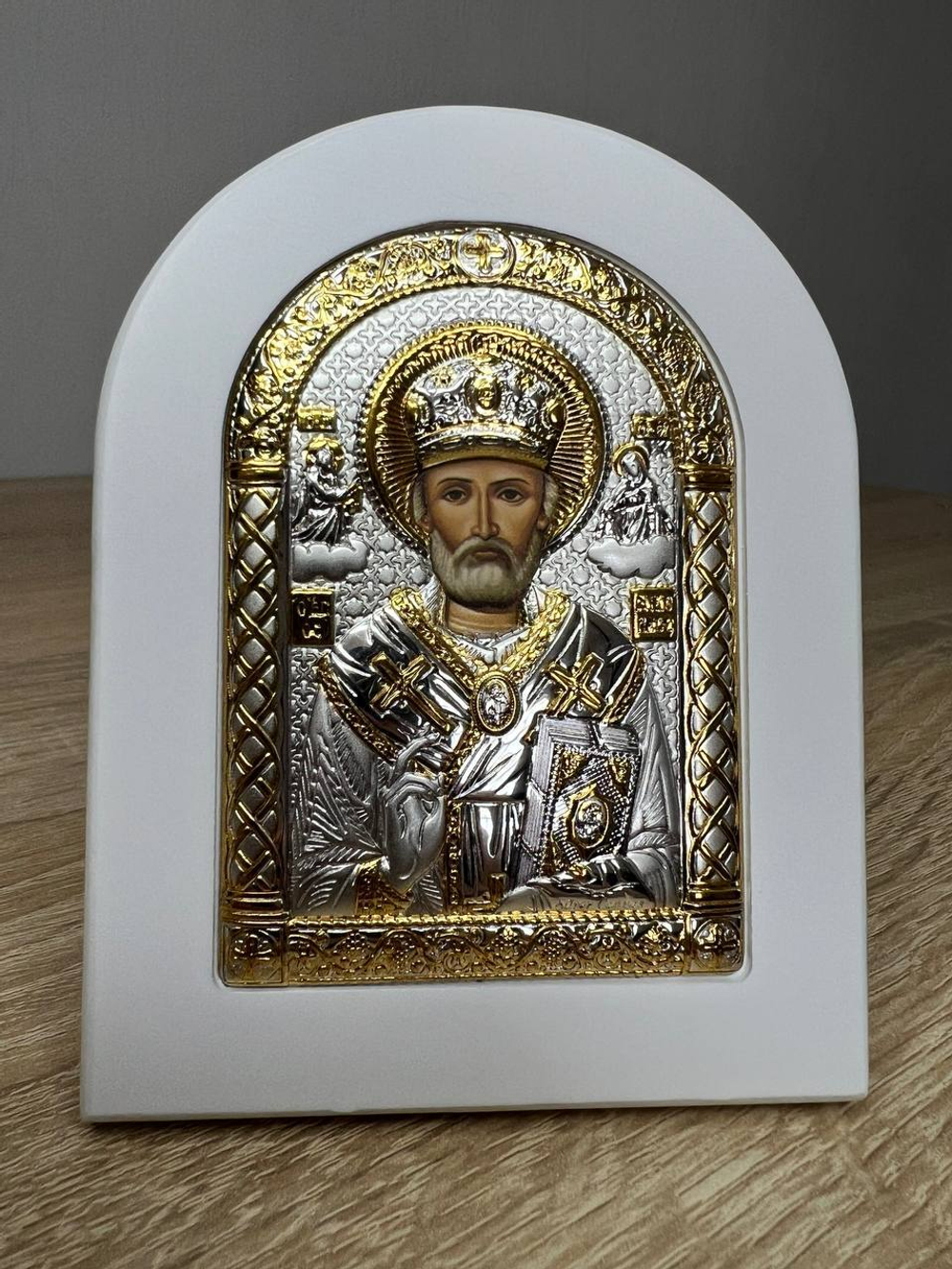 Николай Чудотворец, икона арочная, белое дерево 86х112
