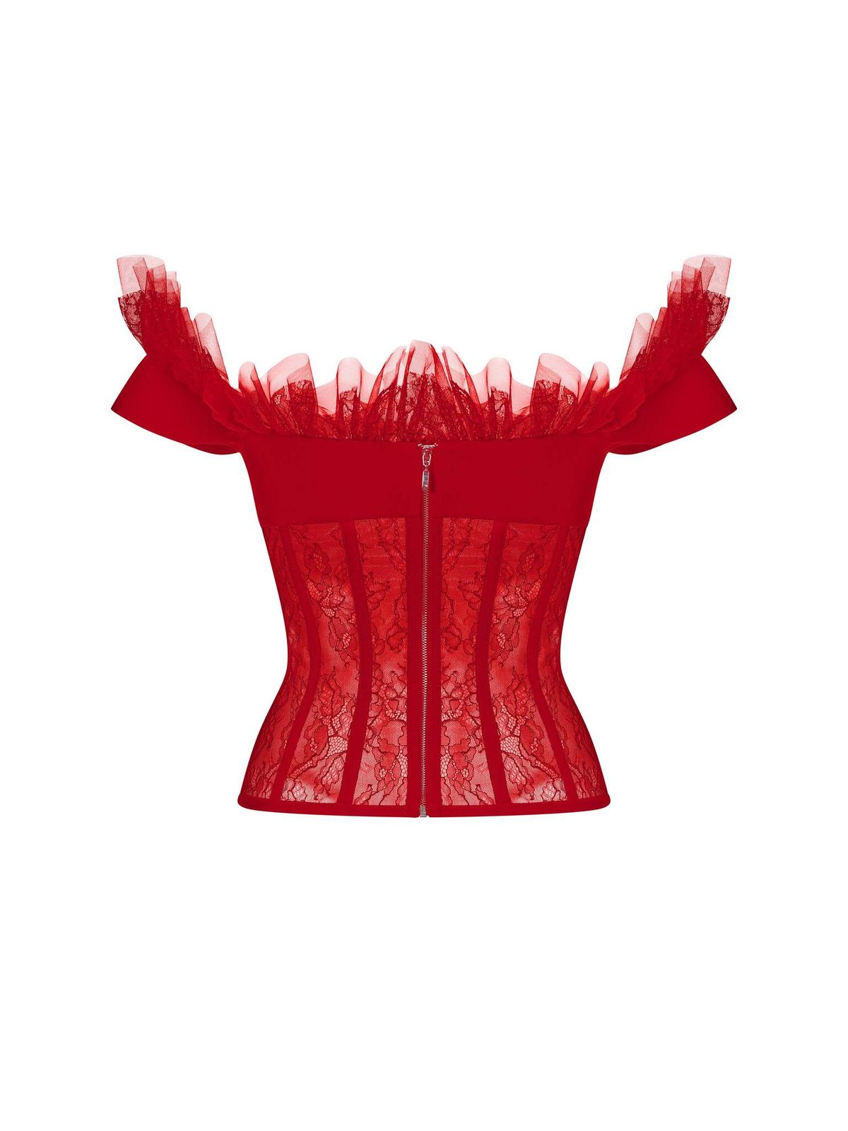 Tоп корсетного типа из крепа и кружева с рюшами и бантом