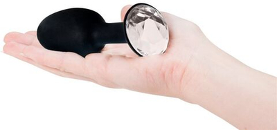 Чёрная силиконовая анальная пробка с кристаллом в основании - 8,5 см. (Цвет: черный)