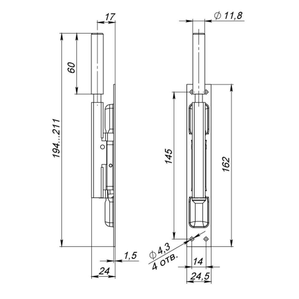 Задвижка торцевая TDB set 160-24 в комплекте с ригелем D16x60 мм