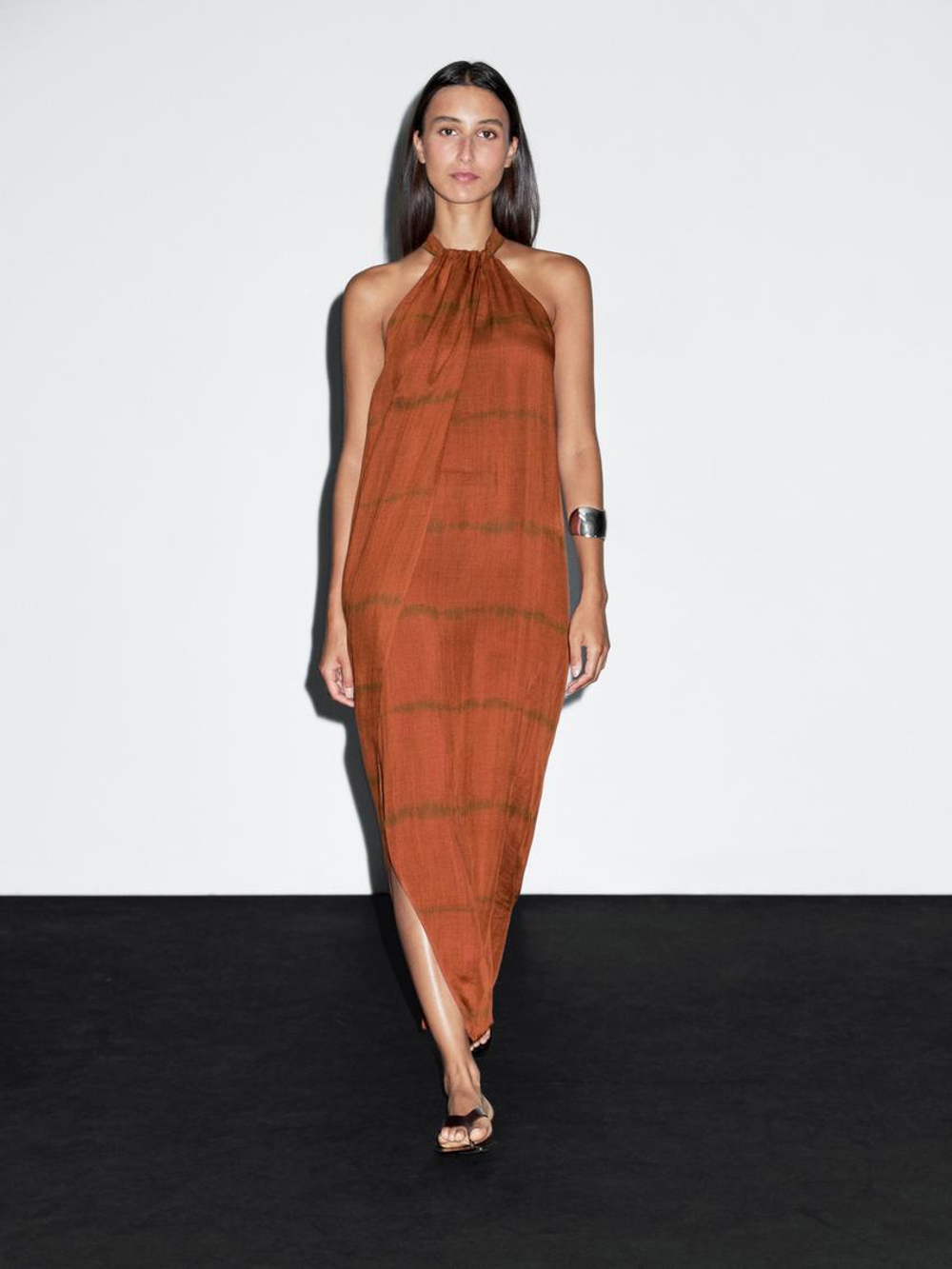 Massimo Dutti Длинное платье в полоску с горловиной халтер, черепичный