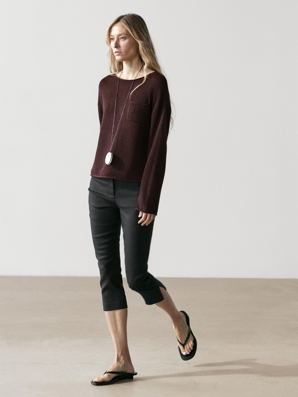 Massimo Dutti Свитер из хлопкового и льняного трикотажа с карманом, коричневый