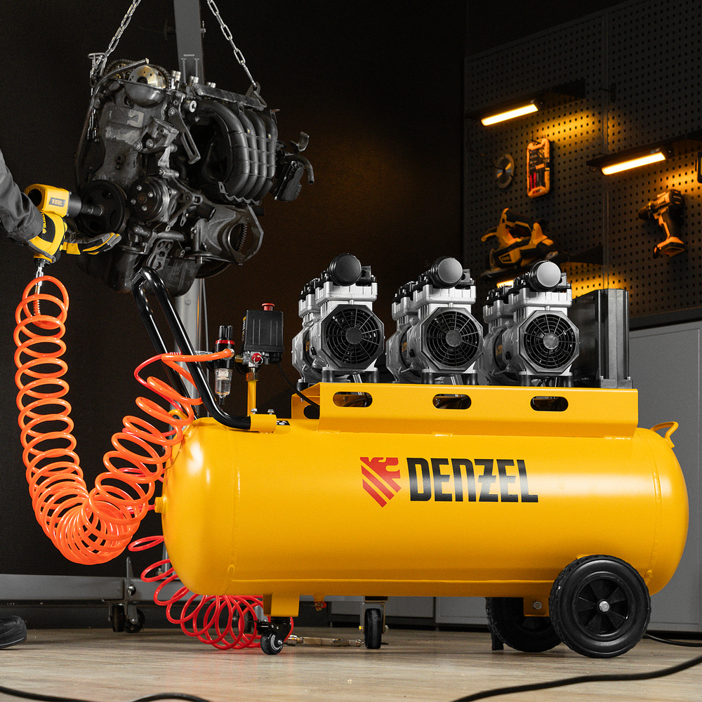 Компрессор безмаслянный малошумный DLS 2250/100, 2250 Вт, 3х750, 100 л, 410 л/мин блок упр// Denzel