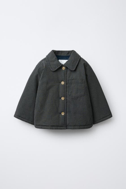 ZARA СТЕГАНАЯ КУРТКА В КЛЕТКУ ВИШИ, ЧЕРНЫЙ/ЗЕЛЕНЫЙ