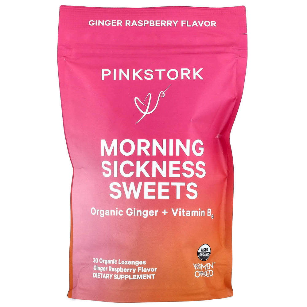 Pink Stork, Morning Sickness Sweets, имбирь и малина, 30 органических пастилок