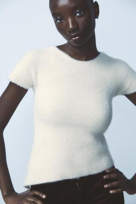 ZARA ТОП ИЗ ВОРСИСТОГО ТРИКОТАЖА СО ШНУРОВКОЙ СЗАДИ, ЭКРЮ