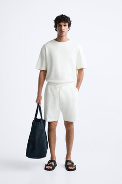 ZARA ШОРТЫ SOFT В РУБЧИК, ЖЕЛТОВАТО-БЕЛЫЙ